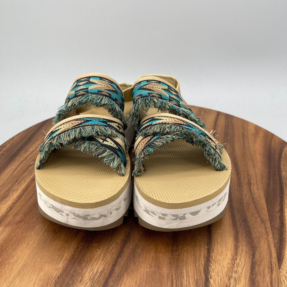 Teva Flatform Ceres Sandals Womens Size 8 Teal Blue Aztec Design Boho Fringe - Picture 2 of 9